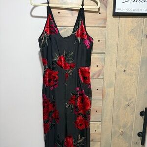 Anthropologie Ettwa Black Red Floral Burnout Velvet Holidays Jumpsuit Medium